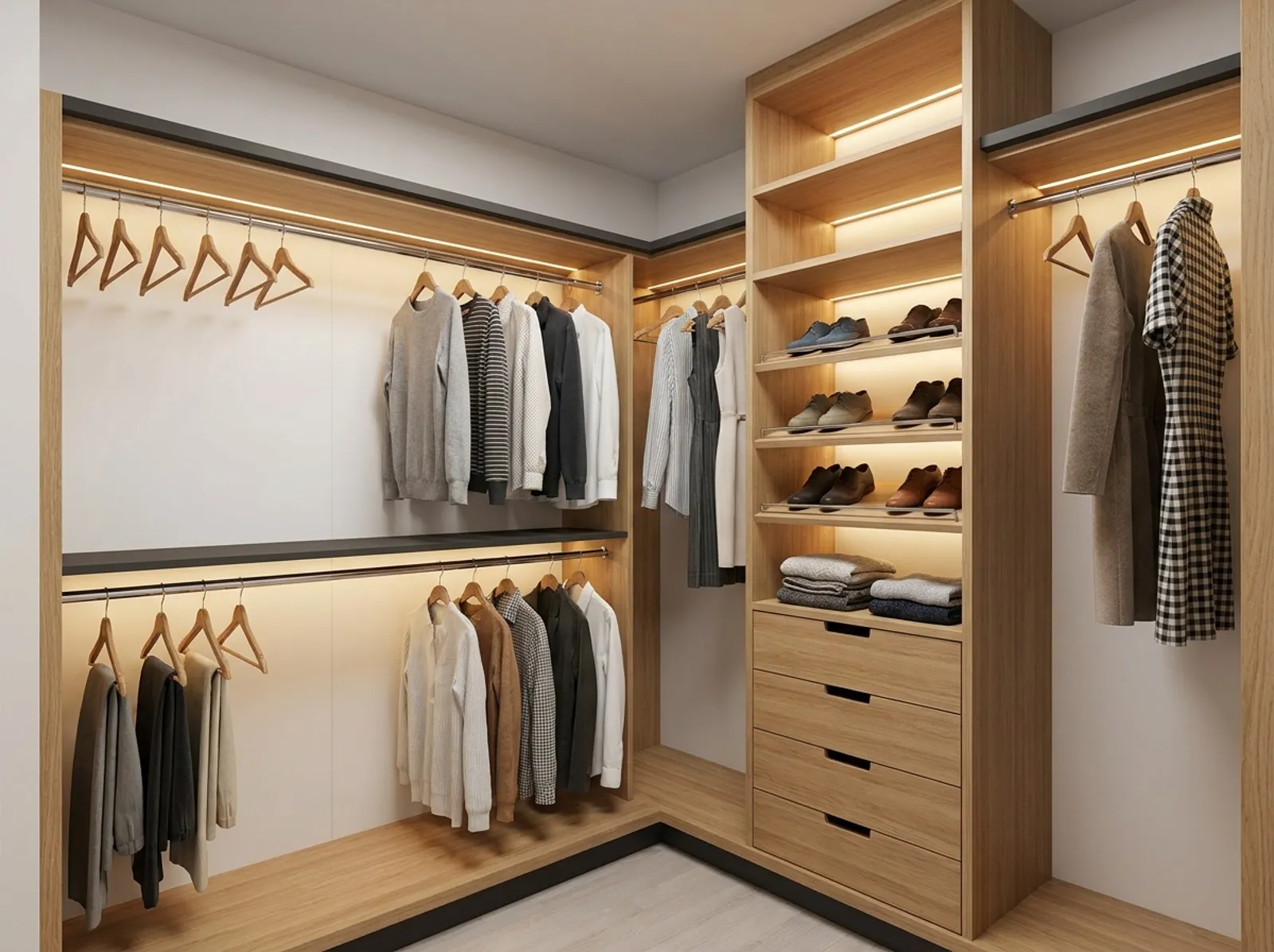 Small L-shaped walk-in closet with hanging rods, shoe shelves and drawers