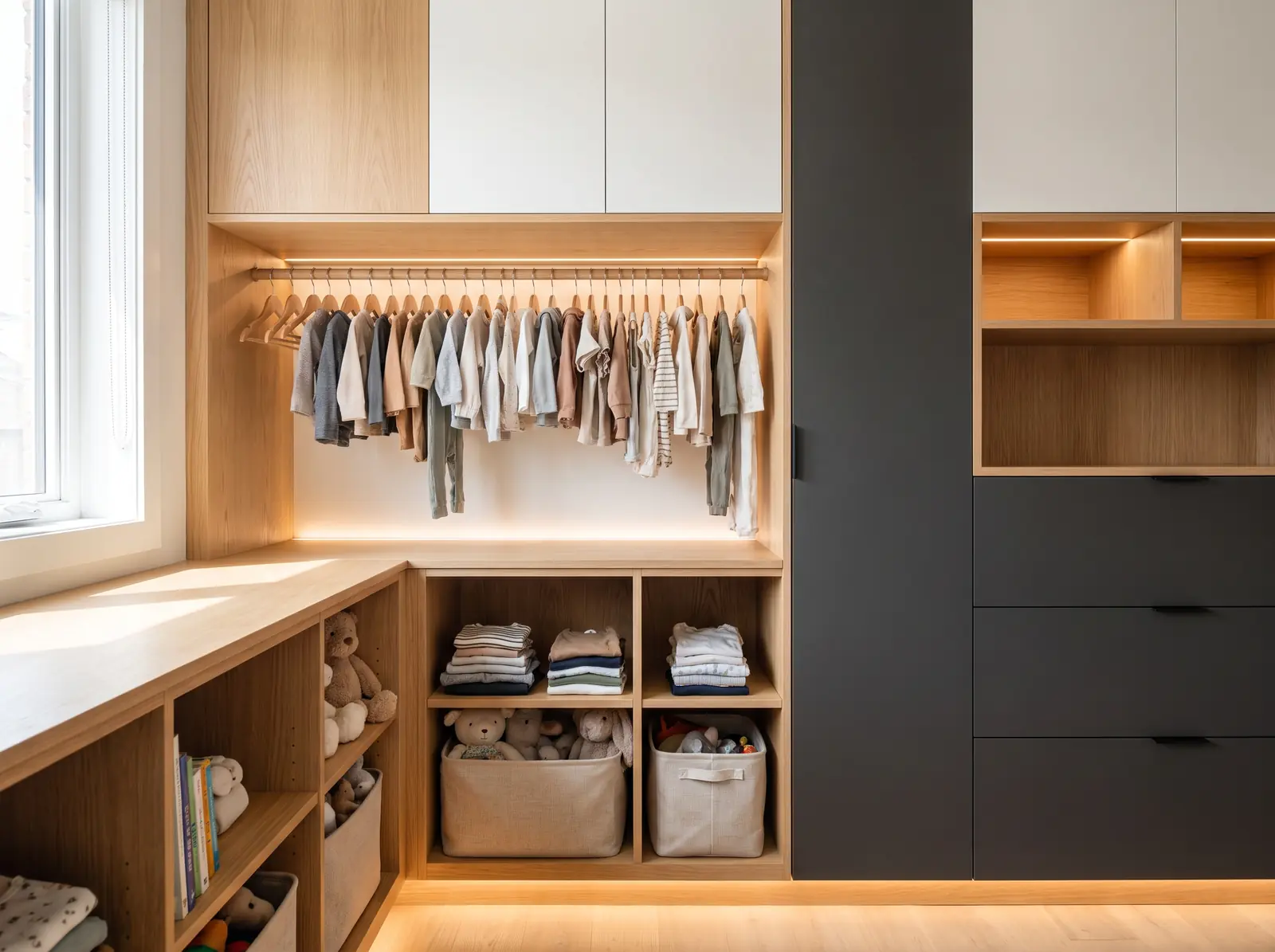 Kids' closet with low oak shelves, cubbies and a low hanging rod