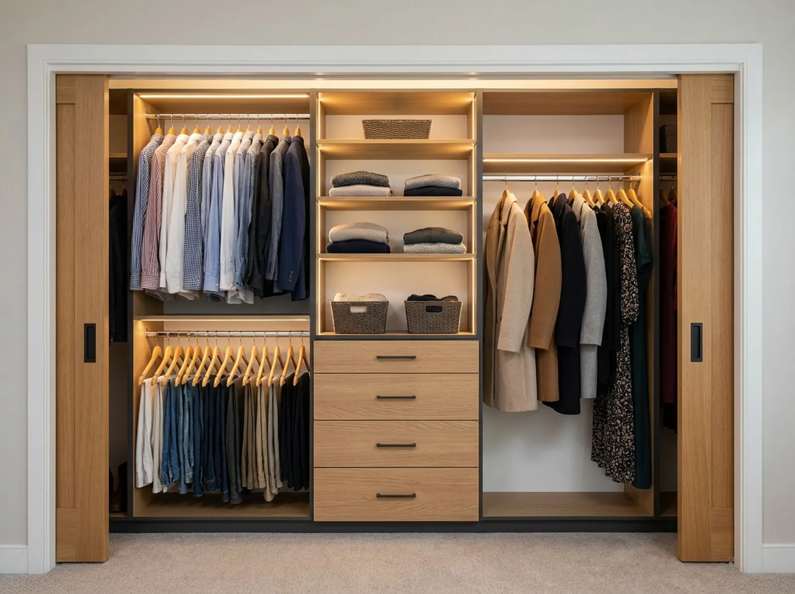 Reach-in closet with a custom system: double hanging, long hanging, shelves and drawers