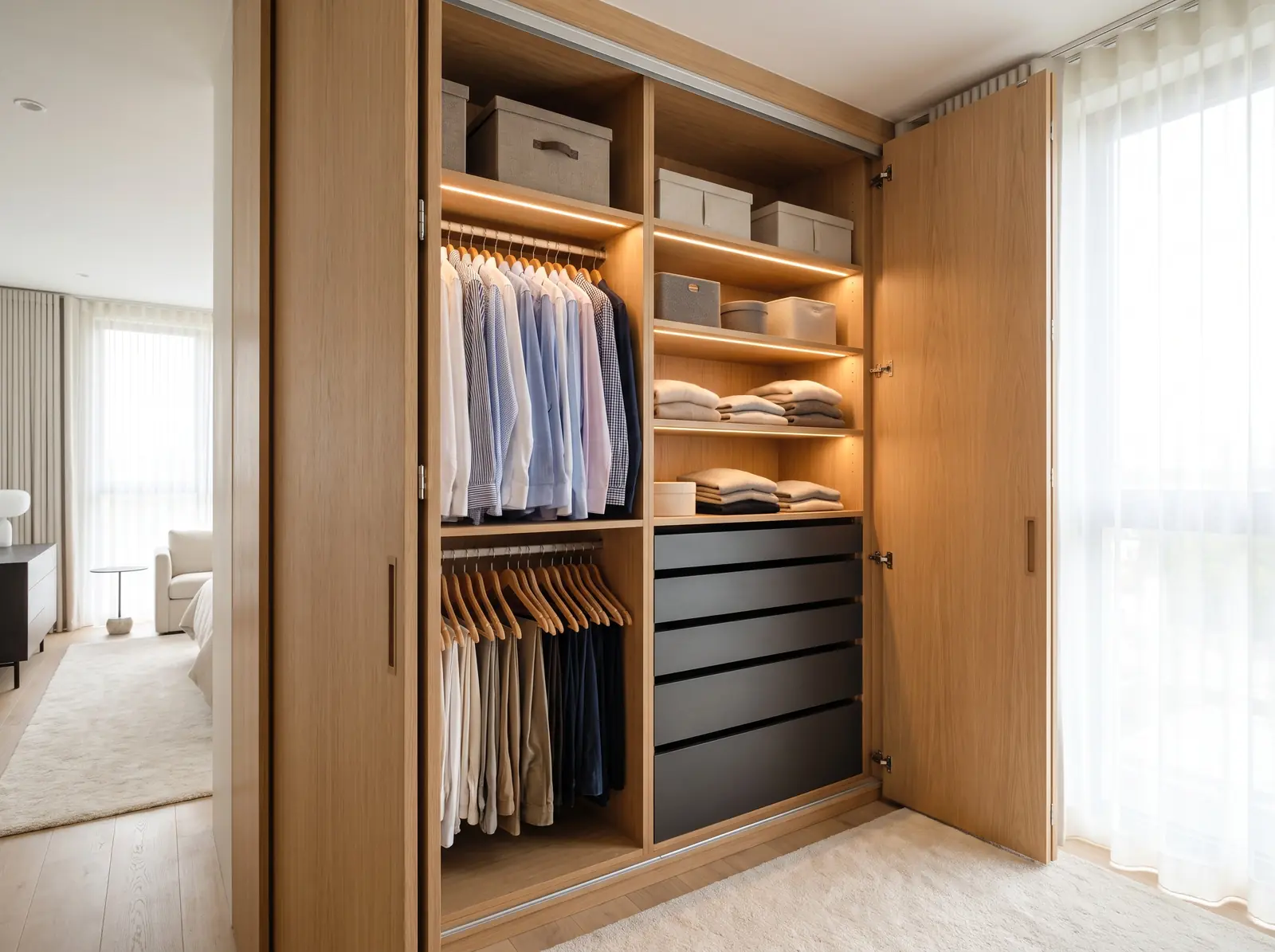 Reach-in closet with oak shelves, double hanging rods and charcoal drawers