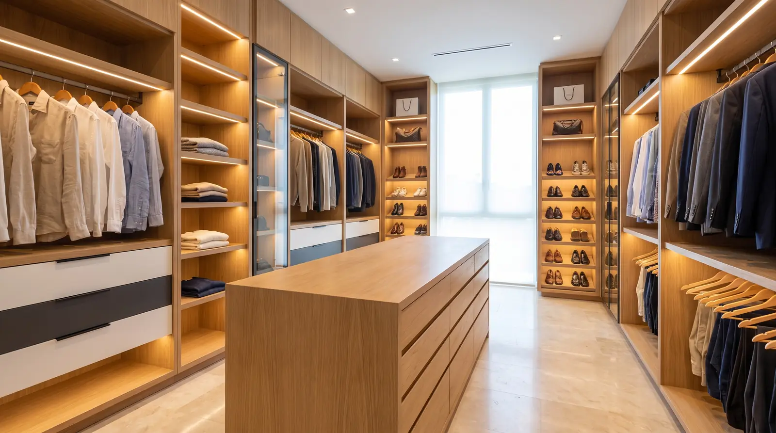 Modern walk-in closet with white oak shelves and warm LED lighting