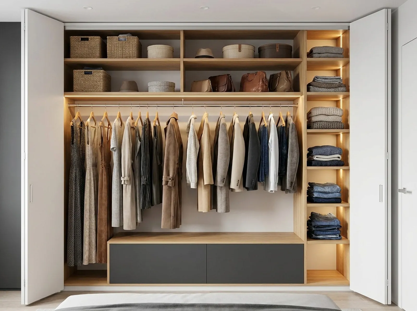 Hinged-door closet with long hanging, top shelves and a shelf column
